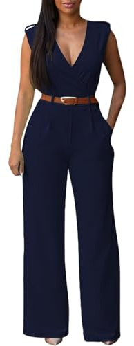 Pink Queen Jumpsuits For Women Dressy Formal Work Wrap V Neck Wide Leg Long Pants Rompers Pockets Dark Blue XL