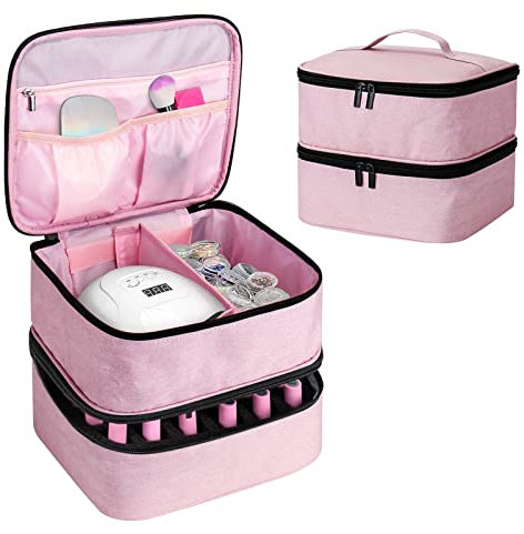 Lieberwell Nail Polish Organizer Bags, Portable and Beauty Tools Storage Box Holds 30 Bottles, Double Layer Design Bag Lamp, Manicure Tool Accessories, Pink