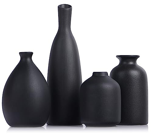 Set di 4 Vasi Neri in Ceramica - Vaso Mini Nero per Fiori, Piccolo Vaso Moderno per Decorazione Tavolo, Centro Tavola Boho per Decorazione Casa, Centrotavola in Set per Matrimoni, Tavolo, Decorazioni