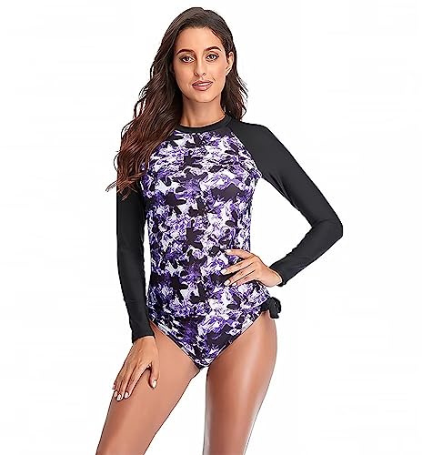 Sillictor Rash Vest Women Swimming Tops UV Womens Swim Shorts and Top Set Ladies 2 Piece Long Sleeve Swimsuits for Women Rash Guard Shirts with Build in Bra for Surfing,Quick Dry 172 Purple S