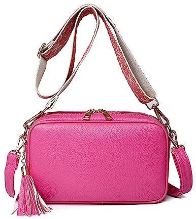 FANDARE Bolso Bandolera Mujer Bolso de Hombro PU Cuero Moda Bolsos Bandolera Elegante Bolso de teléfono Decoración Borla para el Hombro Bolso de Monederos Bolsa de Honda con Dos Correas Rosa roja