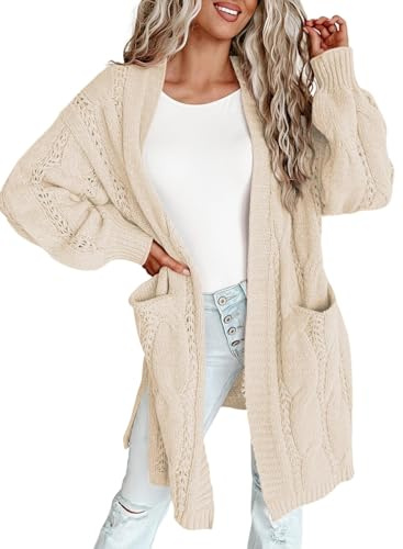 Dokotoo Long Cardigans for Ladies 2025 Open Front Lightweight Side Split Fall Knit Cute Sweaters with Pockets Trendy Clothing Oversized,Beige Large