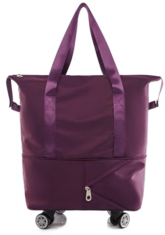 Reisetasche mit Rollen, Faltbare Einkaufstasche mit abnehmbaren Rollen, 2 Ebenen Erweiterbar Handgepäck Tasche Weekender Tasche mit großer Kapazität für Sport, Fitness, Reisen, Einkaufen(Dunkellila)