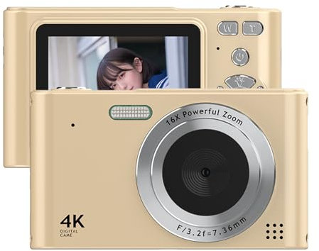 Andoer 4K Digital Camera Camcorder 48MP Digital Video Camera 2.4 Inch Screen 16X Digital Zoom Anti-Shake Face Detection Beauty Effect Motion Detection Built-in Flash Battery, Gold