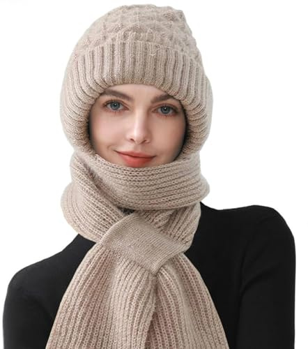 CheChury Knitted Hat with Integrated Scarf Womens 2 in 1 Winter Fleece Lined Knitted Beanie Hooded Windproof Cap Scarf Set, Light Tan
