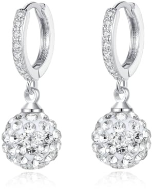 Rhinestone Ball Dangle Hoop Earrings for Women Shiny CZ Disco Balls Drop Earring Cluster Crystals Dangling Hoops Earrings Birthday Jewelry (White)