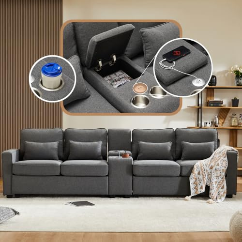 Lubvtti Sofá moderno de 4 plazas con bolsillos para reposabrazos y 4 cojines, con consola, 2 portavasos y 2 enchufes USB, de lino, adecuado para muchas ocasiones (Dark Gris+USB)