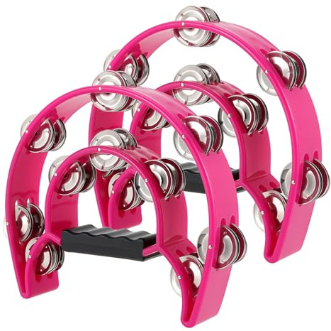 SINJEUN 2 Pack Double Row Tambourine, Metal Half Moon Musical Tambourine Jingles Hand Held Percussion with Ergonomic Handle for Beginner, Church, KTV, Party
