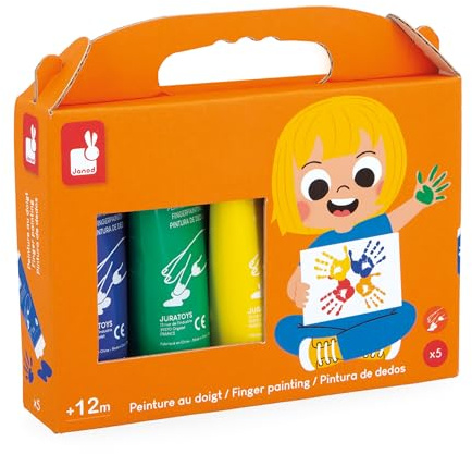 Janod - 5 Tubes de Peinture au Doigt pour Bébé dès 1 an - Tube de 75 ml - Testé Dermatologiquement - Idéal pour les Tout-petits - Dès 12 Mois - J07403