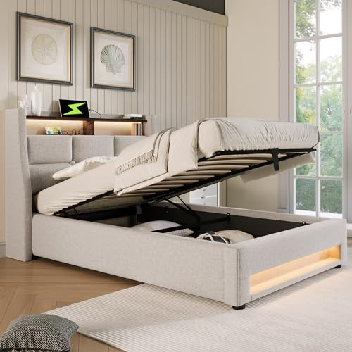 Laxnb Cama Infantile 90x200 cm, Cama Individual con Cabecero LED y Carga USB, Cama Juvenil con Almacenaje Hidráulico, Estructura Cama Tapizada con Lamas de Madera, Lino Beige, Sin Colchón