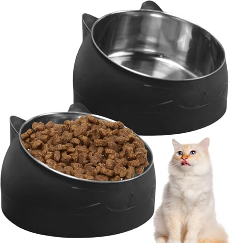 GOMETY Cuenco para gatos de acero inoxidable, 2 unidades, 400 ml, para gatos, con inclinación de 15°, elevada para proteger la columna cervical, comedero para gatos, cuencos extraíbles para perros