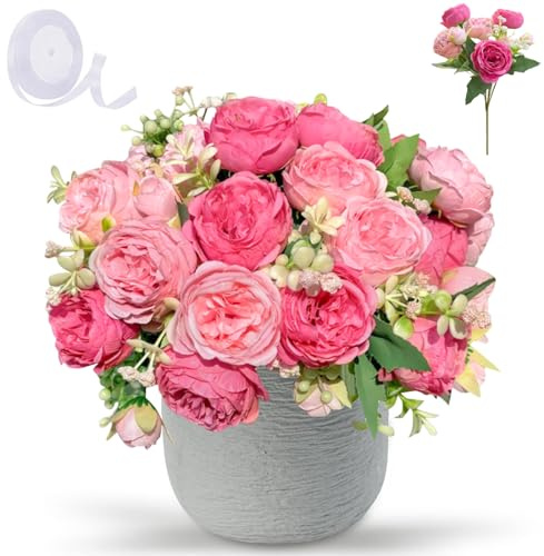Lot de 4 bouquets de fleurs artificielles - Véritables fleurs artificielles - Pivoines artificielles en soie - Plantes de balcon artificielles pour mariage, fête, extérieur, jardin, arrangement floral