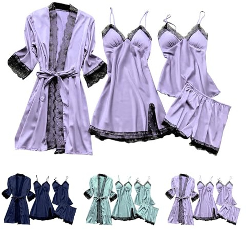 Vestaglia da donna in raso leggero – Set da 4 pezzi anteriore aperto pizzo biancheria da notte con spalline sottili, abito da babydoll elegante set di cinture loungewear comodo pigiama pigiama, Blu