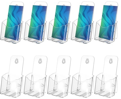 Kifmurase 10 Pack Acrylic Brochure Holder 4 Inches Clear Plastic Display Stand Slant Back Design Tabletop Stand for Pamphlet Flyer Display Booklet Trifold Menu Document Literature