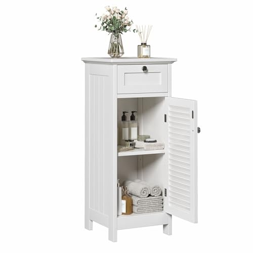 EVLIQUIL Small Bathroom Storage Cabinet, Freestanding Narrow Floor Cabinet with Drawer & Shutter Door for Small Spaces, Storage Organizer for Bathroom, Living Room, Entryway, 12.6 x 11.8 x 34.3 in