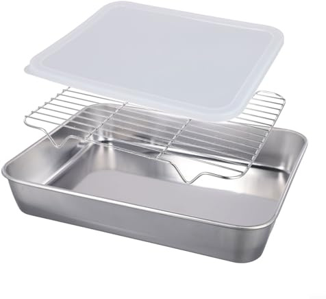 Bulevisiter Lot de 3 plaques de cuisson en acier inoxydable avec grille de refroidissement et couvercle pour réfrigérateur de cuisine (26 x 20 x 5 cm)