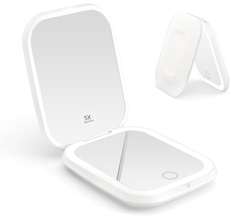 WOBSION Miroir de maquillage de voyage grossissant x 5, à intensité variable, pour poche, sac à main, portable, cadeau, blanc
