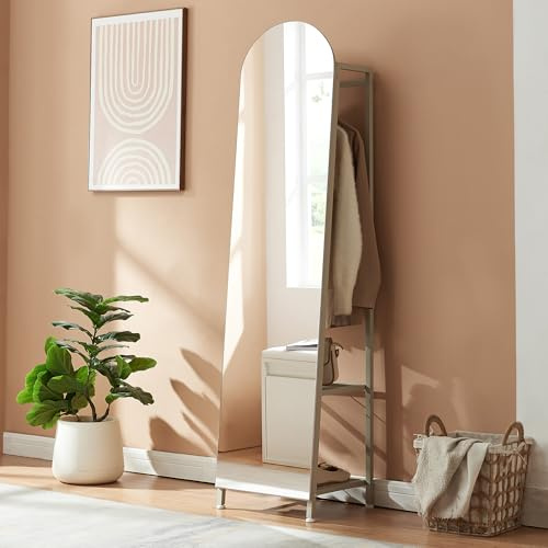 [en.casa] Specchio a Figura Intera con Appendiabiti Stand Porta Abiti con Specchio da Terra Ripiani Barra Porta Vestiti per Ingresso Camera da Letto 165 x 40 x 35 cm - Avena Oatmeal
