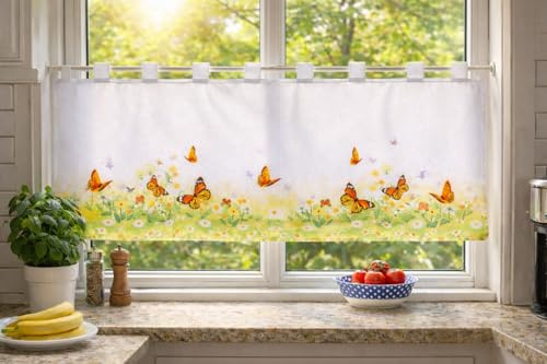 KAMACA Tenda da bistrò, 50 x 120 cm, colore bianco, design estivo con prato floreale colorato e farfalle, tenda trasparente con passanti, elegante decorazione per finestra per cucina e sala da pranzo