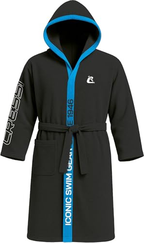 CRESSI since 1946 - Microfiber Bathrobe - Men's and Women's, Soft, 100% Quick Drying, Pockets, Hood and Belt, for the Gym, Pool, Beach, Home and Travel - Black/Light Blue - L/2XL