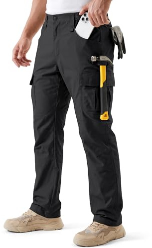 IGOLUMON Work Trousers Men Cargo Trousers Stretch Tactical Combat Work Pants with Multi-Pocket Semi Elasticated Waist Slim Fit for Hiking Outdoor Casual Black