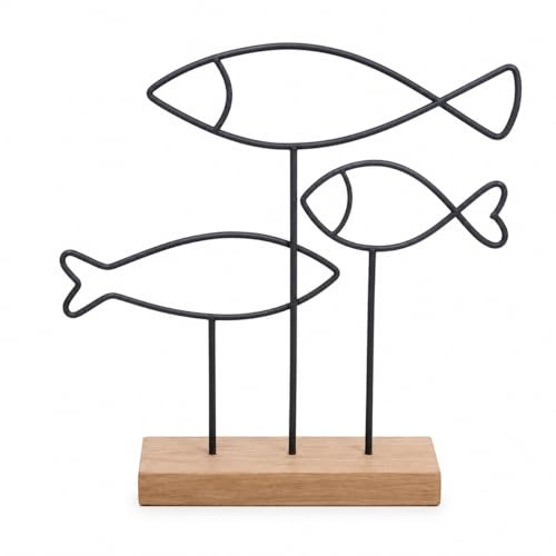 Logbuch-Verlag Escultura de pez marítimo 19 x 5 x 20 cm de hierro y bambú azul natural – Figura decorativa de pez de alambre sobre base de madera – Decoración de mesa, casa de playa, cuarto de baño