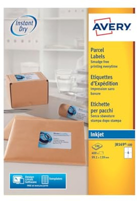 Avery självhäftande paket fraktetiketter, bläckstråleskrivare, 4 etiketter per A4-ark, 400 etiketter, QuickDRY (J8169)