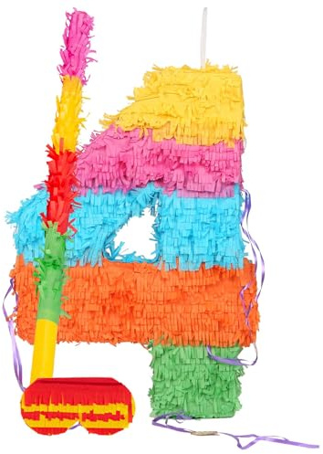 Fax Potato Number 4 Pinata Set with Stick & Blindfold | Cardboard, Green/Red/Yellow, 35 x 7.5 x 50cm