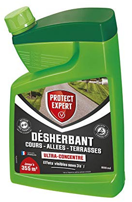 PROTECT EXPERT Désherbant Total Puissant | 800 ml pour 355m² de Surface Traité | Ultra Concentré | Effets Visibles Sous 3h* | | Cours Allées Terrasses |Retour Rapide des Animaux sur les Surfaces