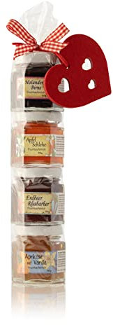 Fruchtaufstriche Geschenkrolle mit Herzanhänger - Konfitüre Fruchtaufstrich Geschenk Set aus dem Allgäu - 4 x 50g Hausgemachter Fruchtaufstrich - mit besonderem Herzanhänger aus Filz