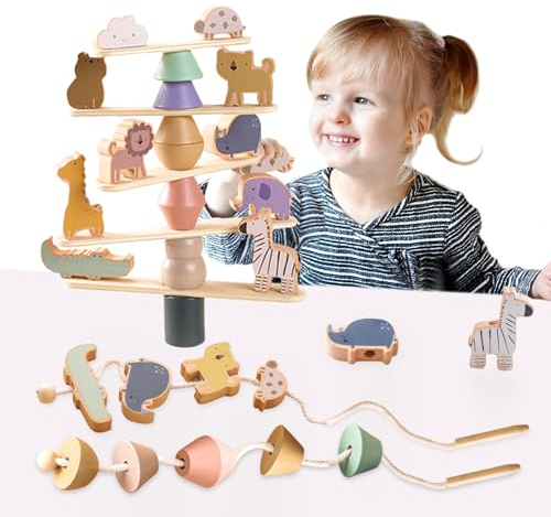 Smartwo Fädelspiel ab 2 Jahre, Holzspielzeug für Stapelspiel, Montessori Motorikspielzeug für Kleinkinder, Bauklötze in Tiere Form, Geburtstaggeschenk für Mädchen Jungen 2 3 4 Jahre