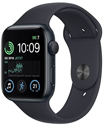 Apple Watch SE (2. Generation) (GPS, 44mm) Smartwatch - Aluminiumgehäuse Mitternacht, Sportarmband Mitternacht - Regular. Fitness-und Schlaftracker, Unfallerkennung, Herzfrequenzmesser, Wasserschutz