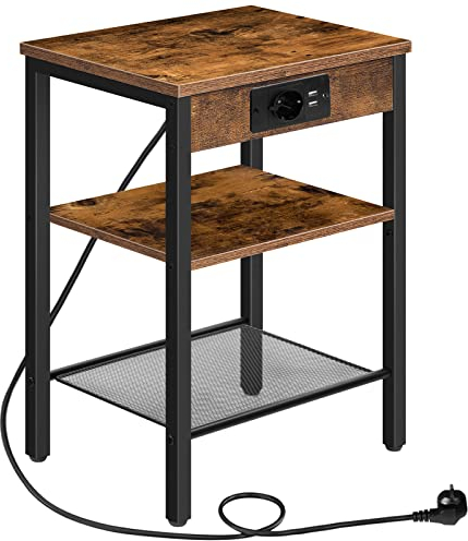 HOOBRO Beistelltisch mit Steckdose, Kleiner Beistelltisch, 2 USB-Anschlüsse, 3 Ablagen, Nachttisch für Wohnzimmer, Schlafzimmer, 38 x 28 x 55 cm, Vintagebraun EBF112CBZ01