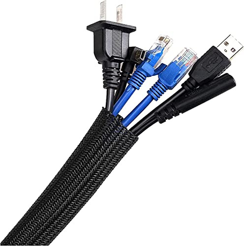 AGPTEK Kabelslang, självstängande kabelkanal, flexibelt vävt kabelhölje, kabelhantering för skrivbord, TV, dator, PC, kabelskydd för hund och katt, 10 mm, 6,1 m | Flexibel vävd kabelrock, kabelhantering för skrivbord, TV, dator, PC, kabelskydd för hund, katt
