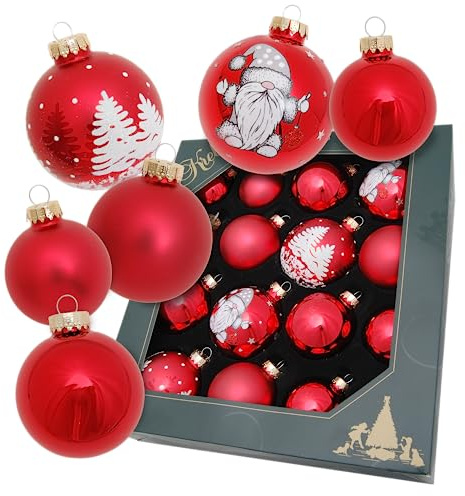 Krebs Glas Lauscha Weihnachtskugeln Sortiment - Wichtel Winterwald Rot - Festliche Baumdekoration mit verspielten Wichtel- und Winterwaldmotiven sowie glänzenden und matten Kugeln - 16-teiliges Set