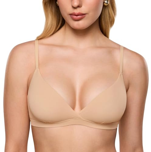 INLYRIC Women's Inbarely Triangle Bralette Comfort Unlined V Neck Non Wired Smooth Soft Bra Top Stretch Warm Beige M