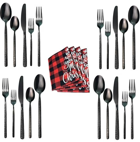 Besteckset, 24-teilig, Stein-Design, schwarz titanisiert, Edelstahl, Messer, Gabeln, Löffel (20-teiliges +4 Matte Set)