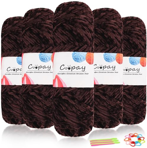 Coopay Lana Chenille Vellutata, 500g (5 x 100g), Gomitolo di Lana da Tricottare Morbido, Spessore di 3mm, Filato Chenille Super Morbido per Uncinetto, Maglia, Sciarpa, Coperta, Calze - Caffè