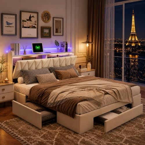 LIVLUX Lit 160x200 avec Sommier LED et USB, Lit Double rembourré avec 3 Tiroirs, Tete de lit avec Rangement, 2 Personnes pour Adultes et Adolescents,Velours (160 x 200 cm)