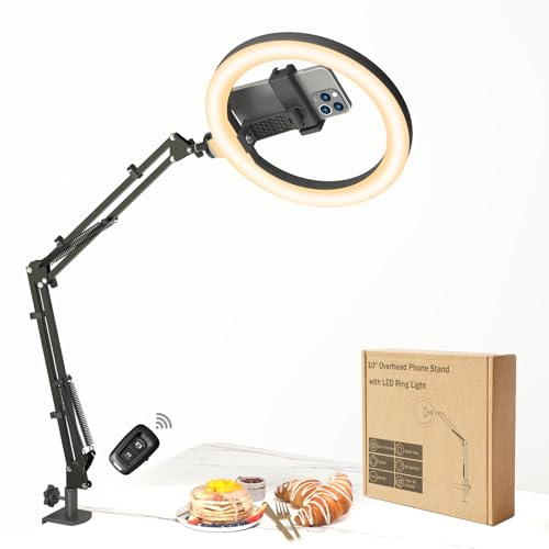 FZYGRAVH 10 LED Ring Light with Overhead Phone Stand, CRI≥95 1200lm Dimmable Lighting, Adjustable Metal Arm with Remote & Phone Holder, for Streaming, Makeup, Zoom Calls, Photography