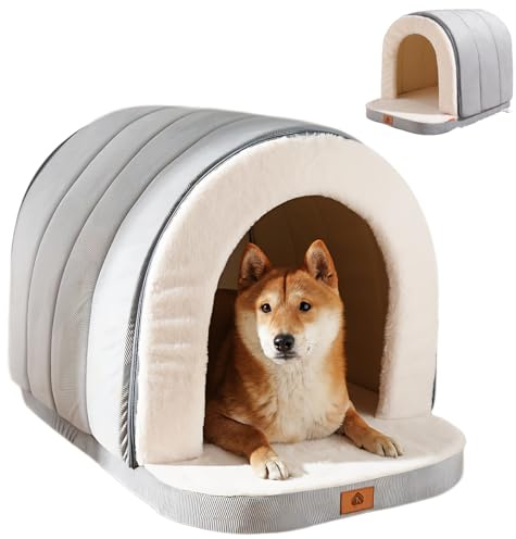 ERNAN Cama para Gatos y Perros Pequeños,Cama de Felpa Plegable 2 en 1 para Mascotas,Cueva para Mascotas Plegable con Fondo Antideslizante (Grey, S)
