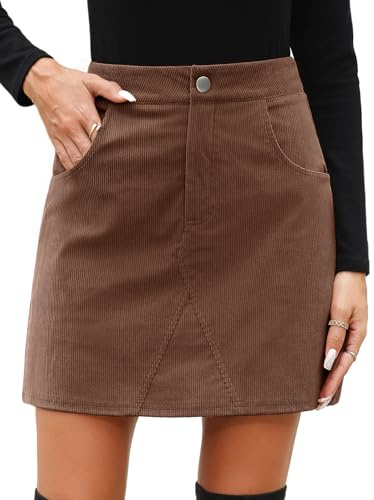 CMTOP Gonna Donna Corta Invernale Vita Alta A-Linea Minigonna Casual in Velluto A Coste vestibilità Elegante Stretta Mini Gonna con Tasche (Colore caffè, L)