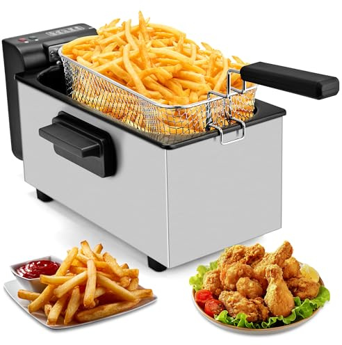 SUSTEAS 3 Liter/2.7QT Electric Deep Fryer, 1500W, Timer Control, Adjustable Temperature, Lid with Viewing Window and Removable Frying Basket, Stainless Steel, Perfect for Kitchen, French Fries