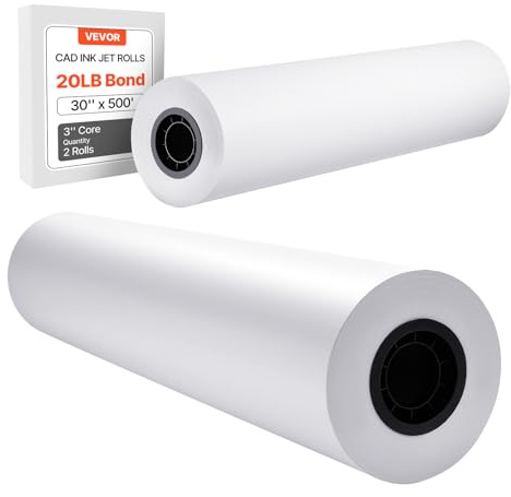 VEVOR Vit ritpapper rulle 762 mm x 152,4 m, 2 rullar CAD-plotterpapper, 76,2 mm kärna för ingenjörsplaner, GIS-kort, arkitektonisk design