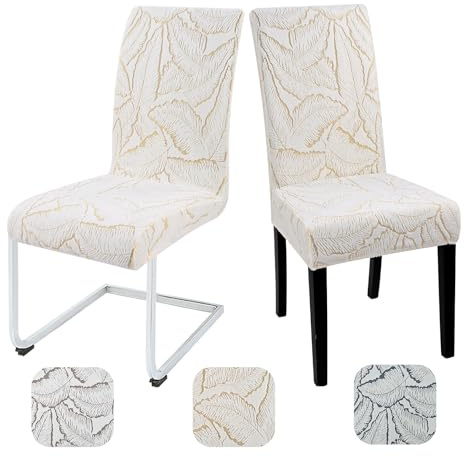 Alishomtll Set of 6 Stretch Leaf Print Dining Chair Covers, Elastic Removable Washable Reusable Chair Slipcovers, Anti-Dirt Seat Protector for Dining Room Hotel, Beige