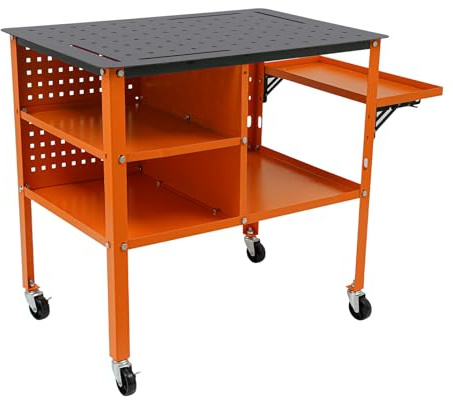 Mesa de soldadura móvil con 4 ruedas, mesa de trabajo, capacidad de carga de 500 kg, banco de trabajo, color naranja, 111 x 60 x 85 cm