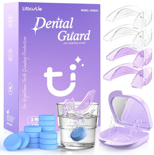 Litlcutie Protezione Dentale Notturna – Paradenti Anti-Bruxismo per Adulti, Viola & Trasparente, 2 Taglie (Pacco da 4), con Custodia e Lente d’Ingrandimento 5X