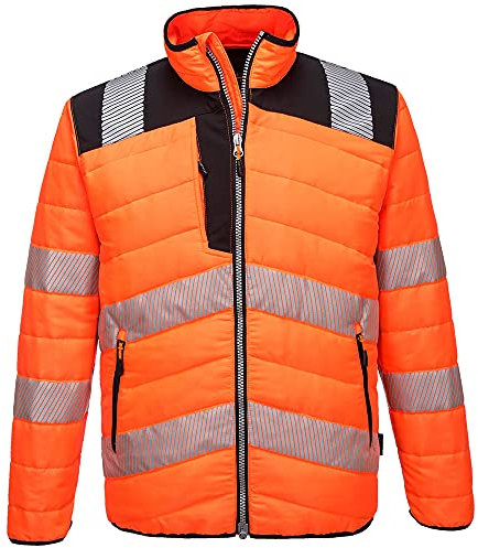 Portwest PW371 PW3 Men's Hi-Vis Insulated Baffle Puffer Jacket - Water Resistant Lightweight Reflective High Viz Outdoor Waistcoat Safety Security Workwear, Orange/Black, XL