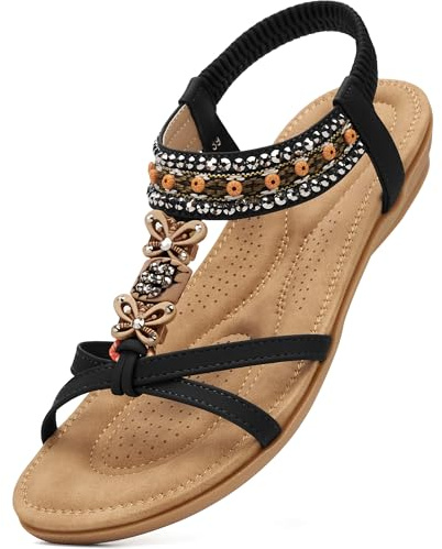 Ablanczoom Flat Sandals for Women Summer: Casual Bohemian Beaded Toe Ring Walking Sandal Elastic Ankle Strap Slip On Ladies Shoes