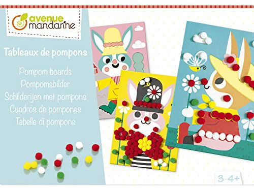 MY MANDARINE KC122C - Une boîte créative - 3 Tableaux à décorer + 200 pompons - À partir de 3 ans - TABLEAUX DE POMPONS